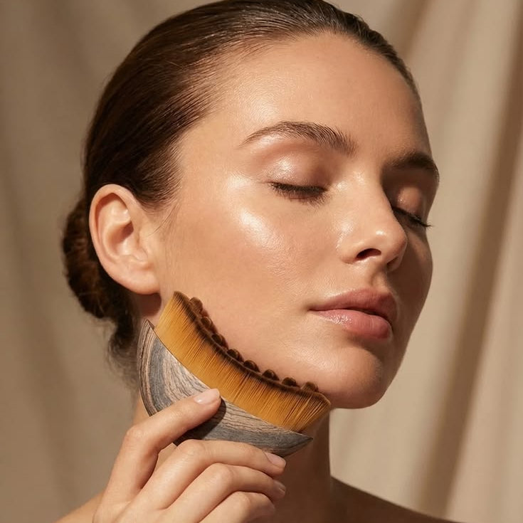 Mulher usando escova facial de drenagem linfática