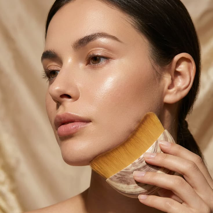 Mulher demonstrando escova facial de drenagem linfática